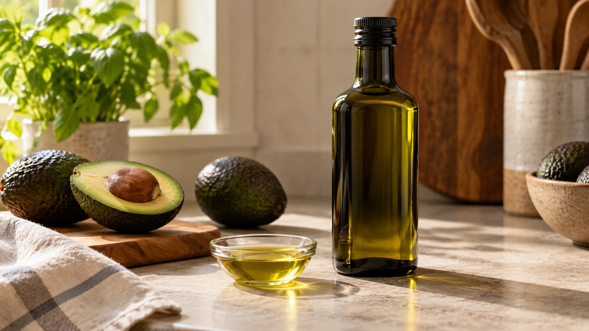 Avocado oil bottle and a small serving bowl