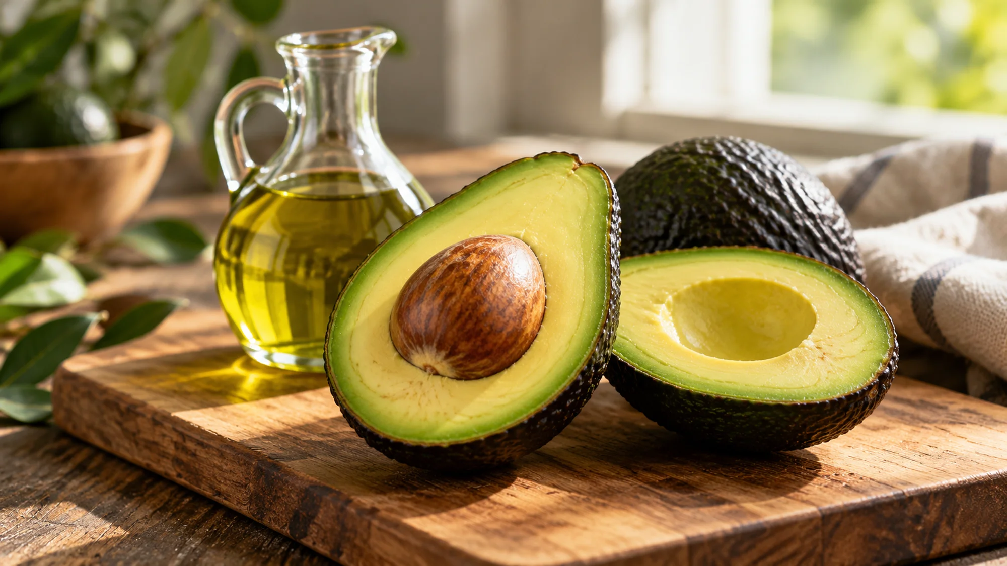 Avocado flesh and pit beside a pitcher of avocado oil