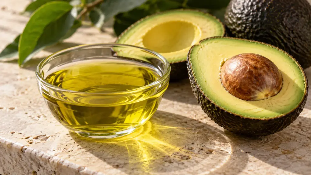 Avocado oil in a glass bowl beside ripe avocado halves