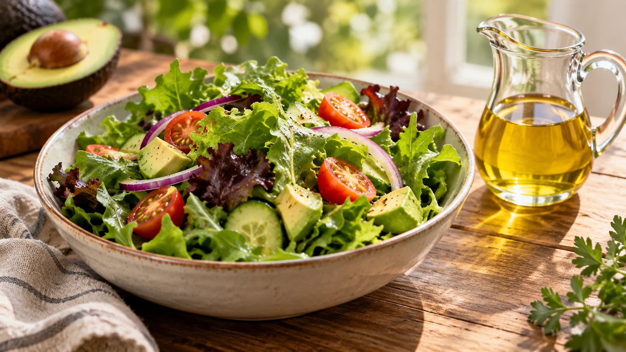 Leaf salad beside a pitcher of avocado oil