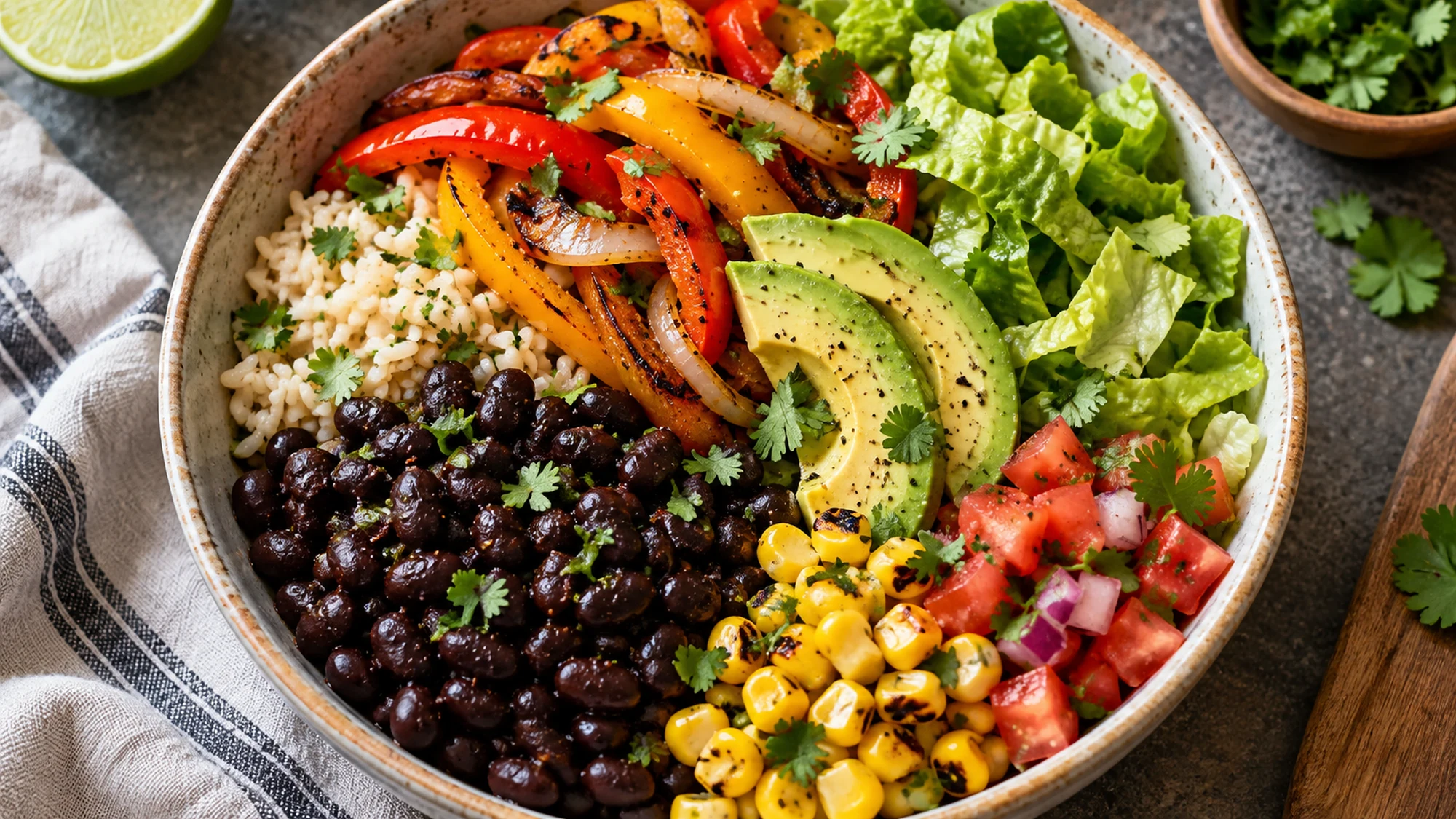 Illustrative bean and rice bowl with avocado, lettuce, corn and peppers
