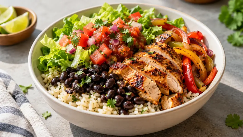 Illustrative rice bowl with grilled chicken, black beans, peppers and lettuce