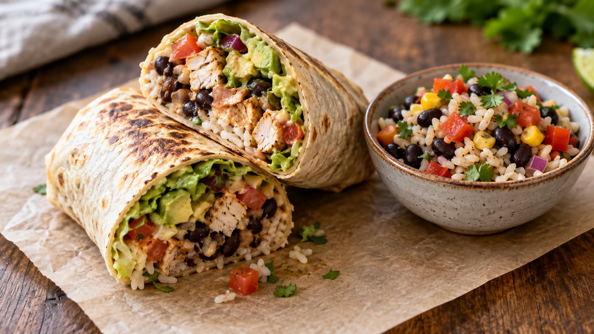 Illustrative cut burrito beside a small rice and bean bowl