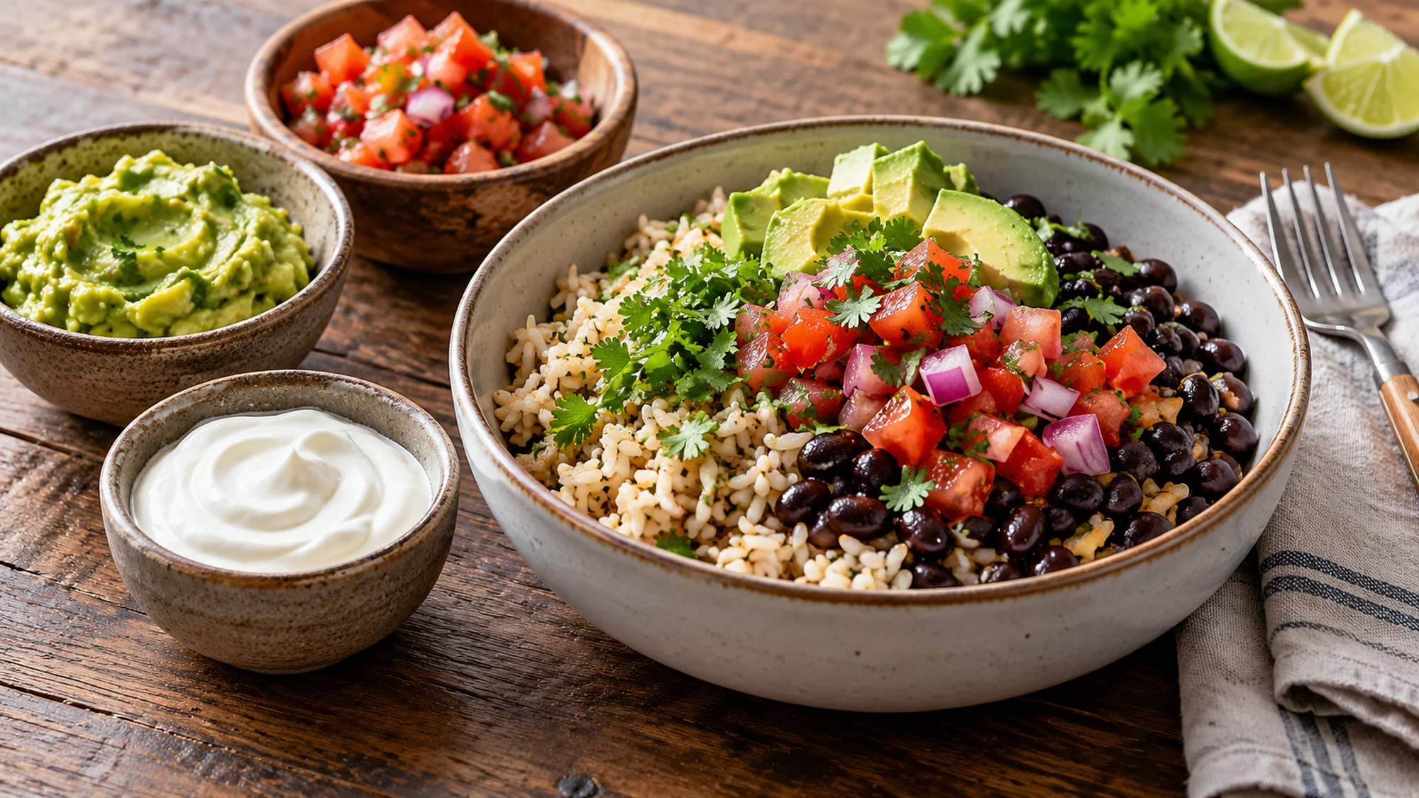 Illustrative rice and bean bowl with separate salsa, sour cream and guacamole