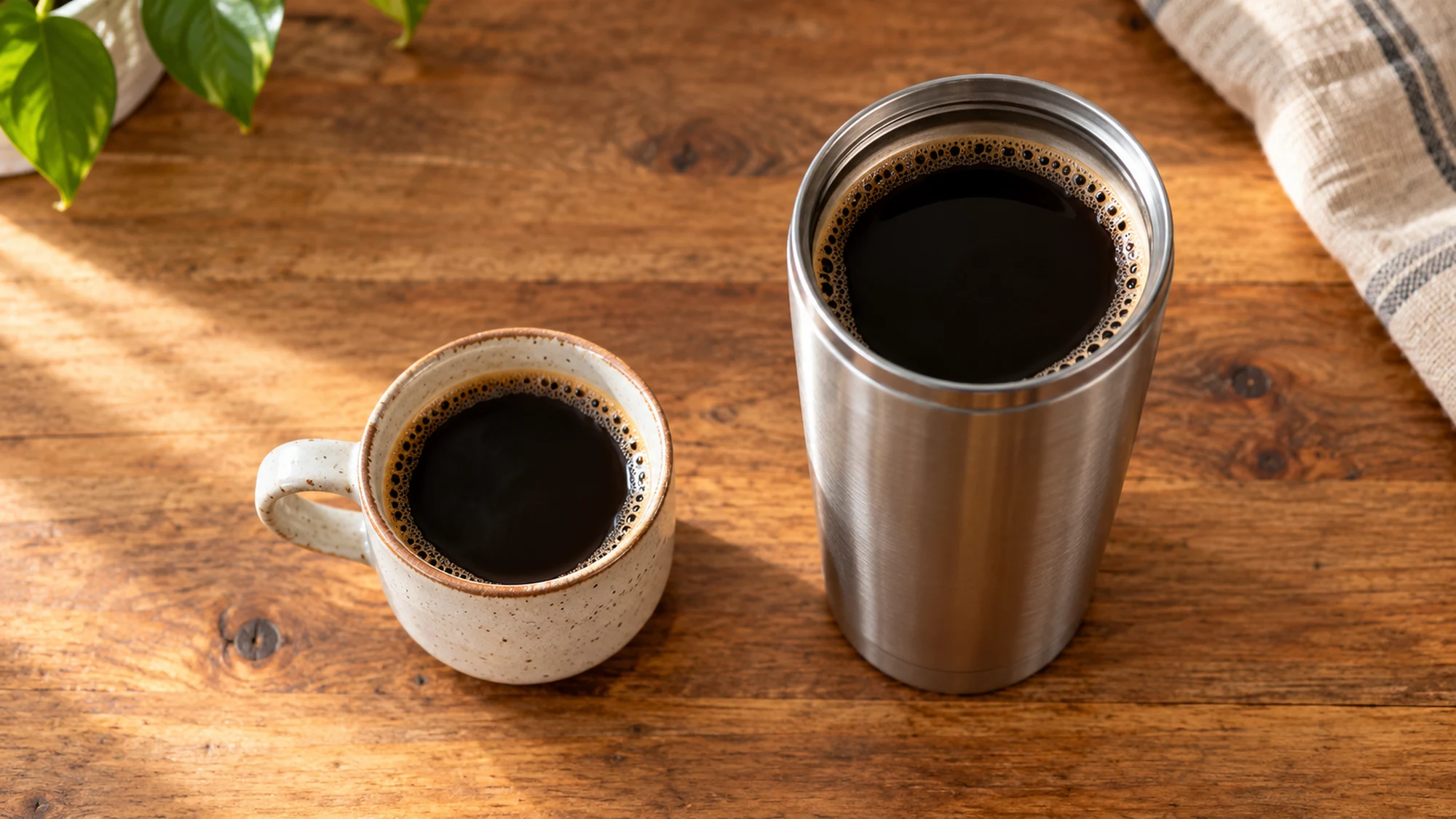 Is coffee bad for you? Small cup and larger travel tumbler of coffee