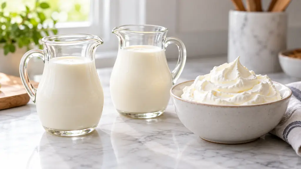 Two pitchers of cream and whipped cream for the guide: is heavy cream the same as heavy whipping cream