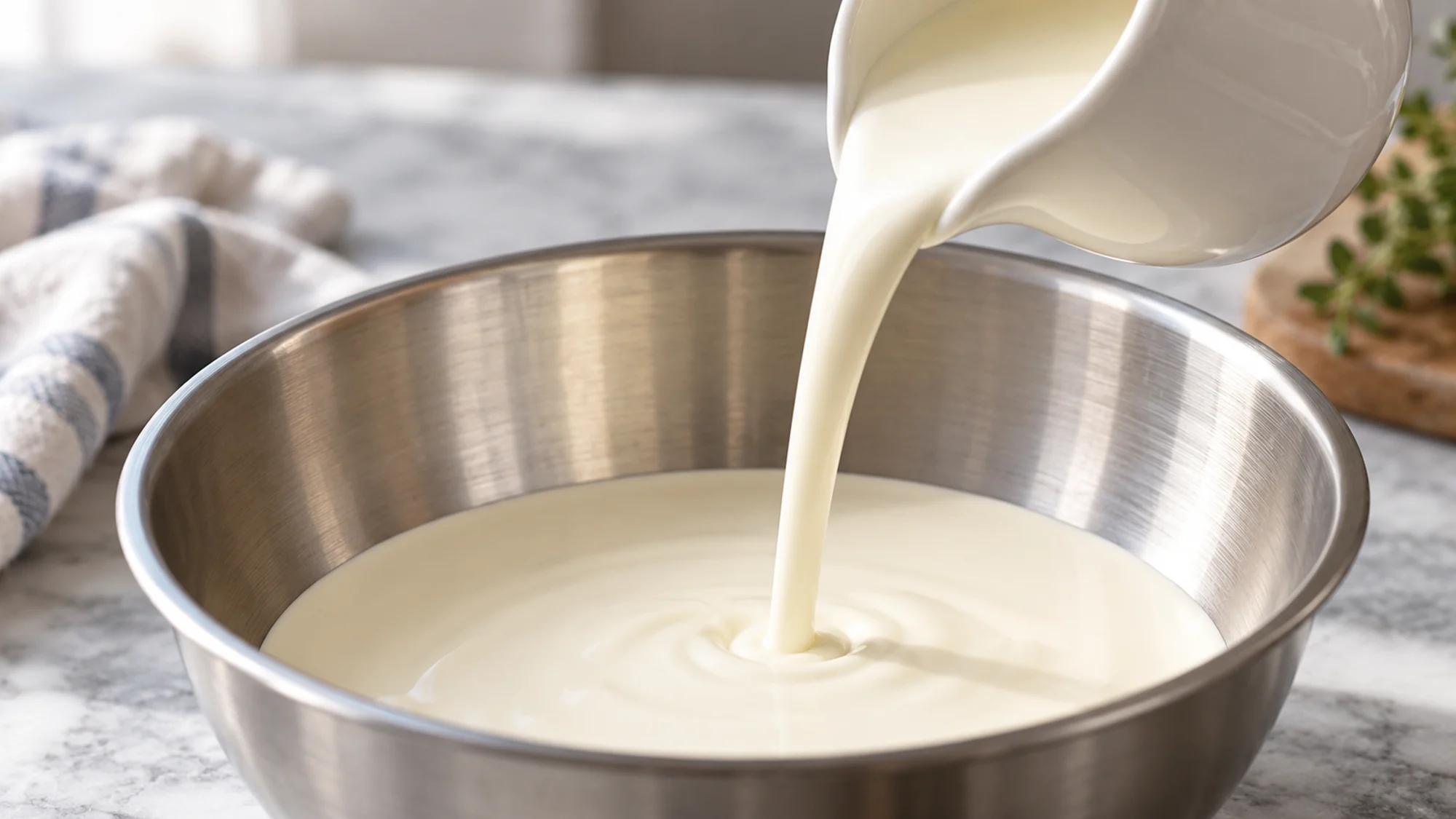 Cream pouring into a bowl for the guide: is heavy cream the same as heavy whipping cream