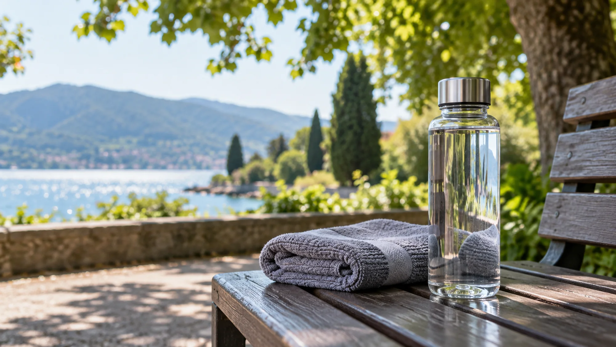 Refillable water bottle beside a towel on a shaded outdoor bench