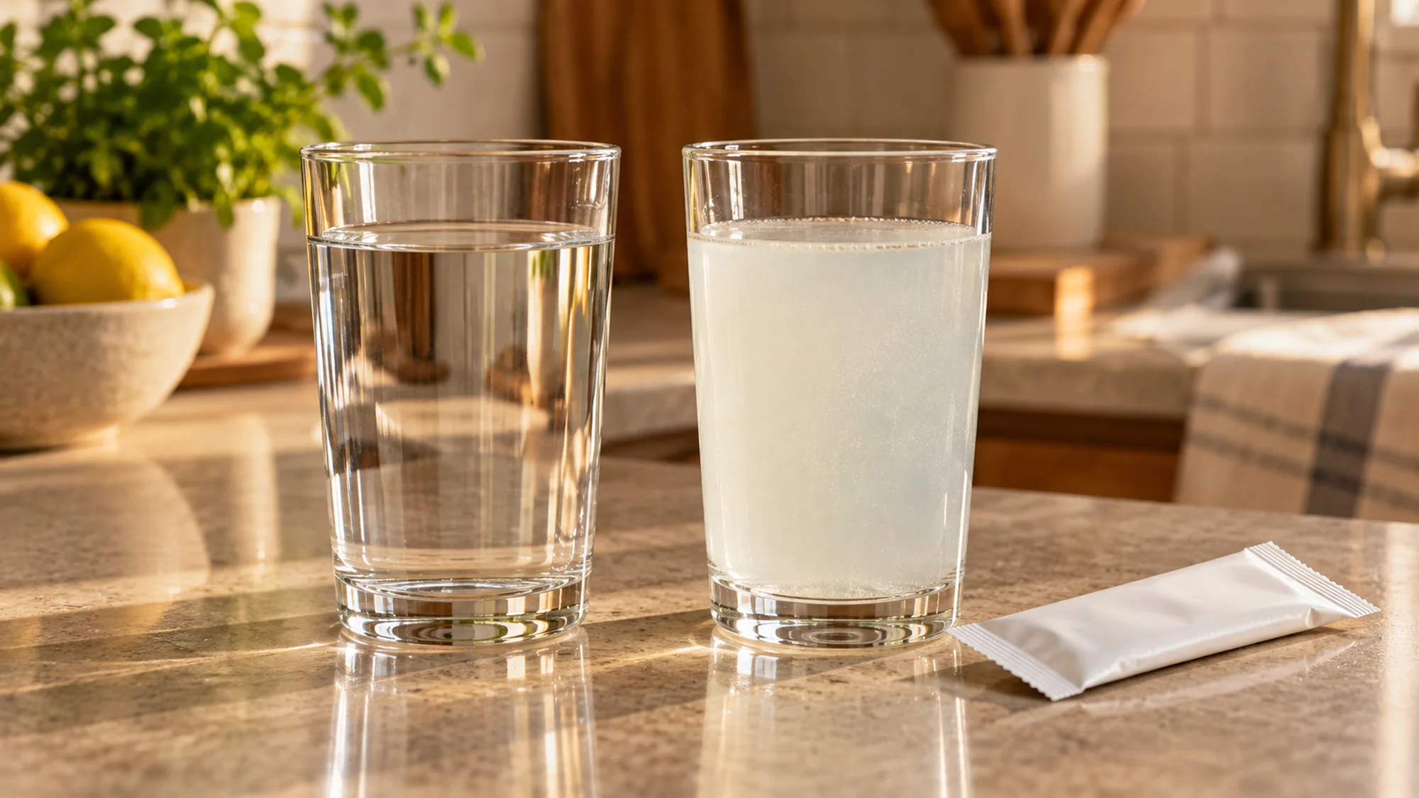 Plain water beside a cloudy electrolyte drink and blank packet