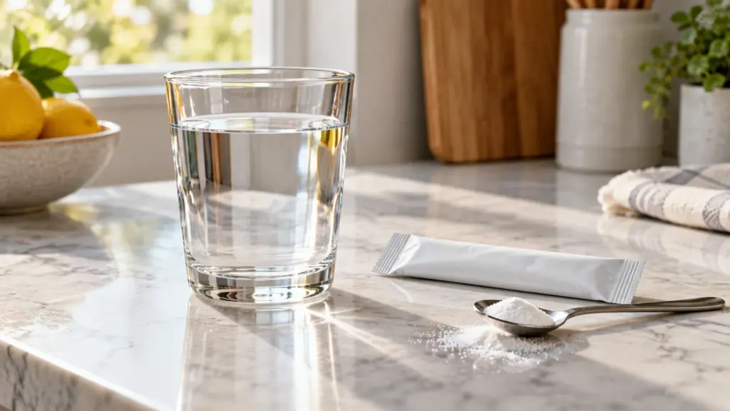 Glass of water beside an unbranded electrolyte powder packet and spoon