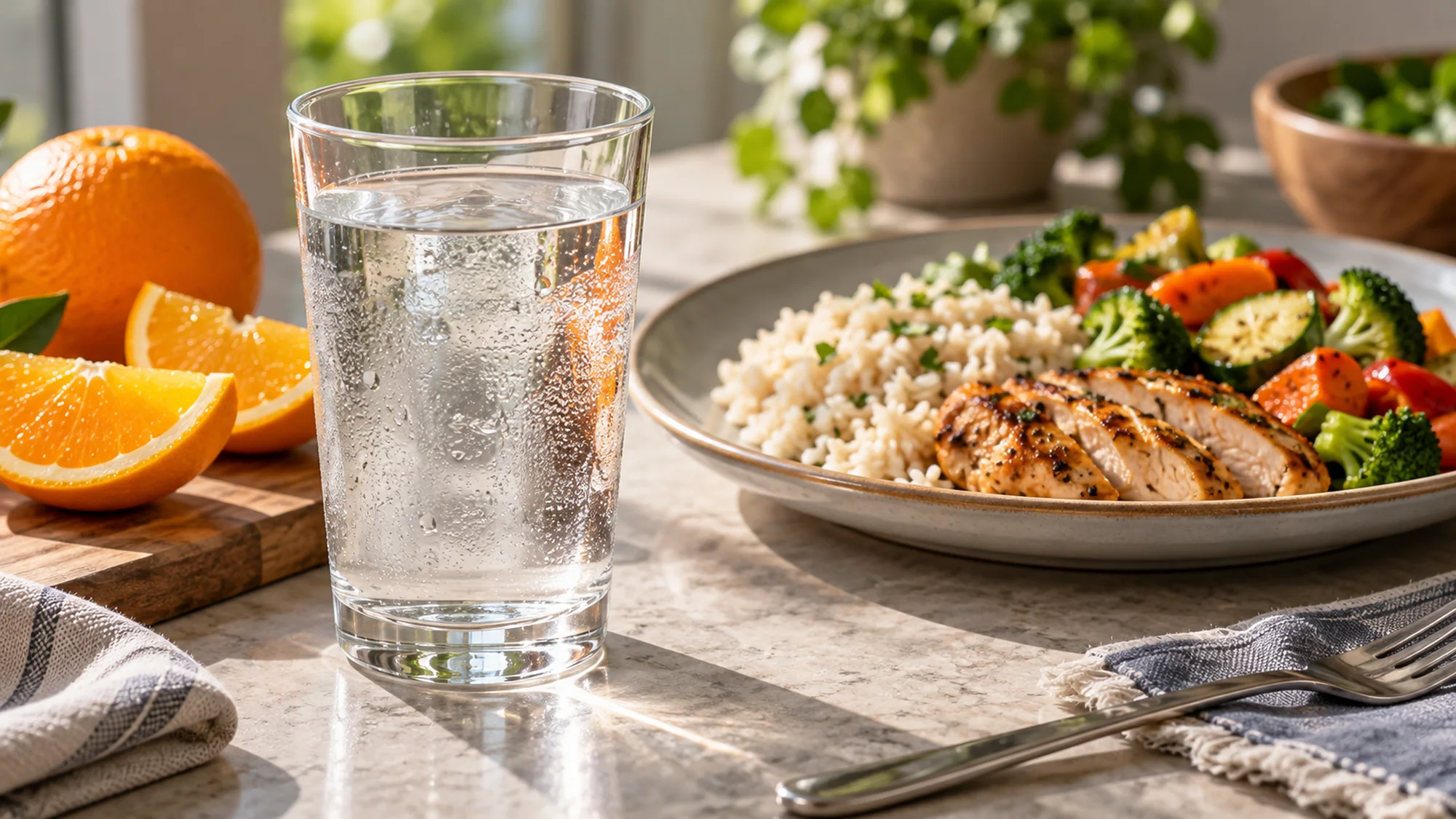 Glass of water with orange slices and a balanced lunch