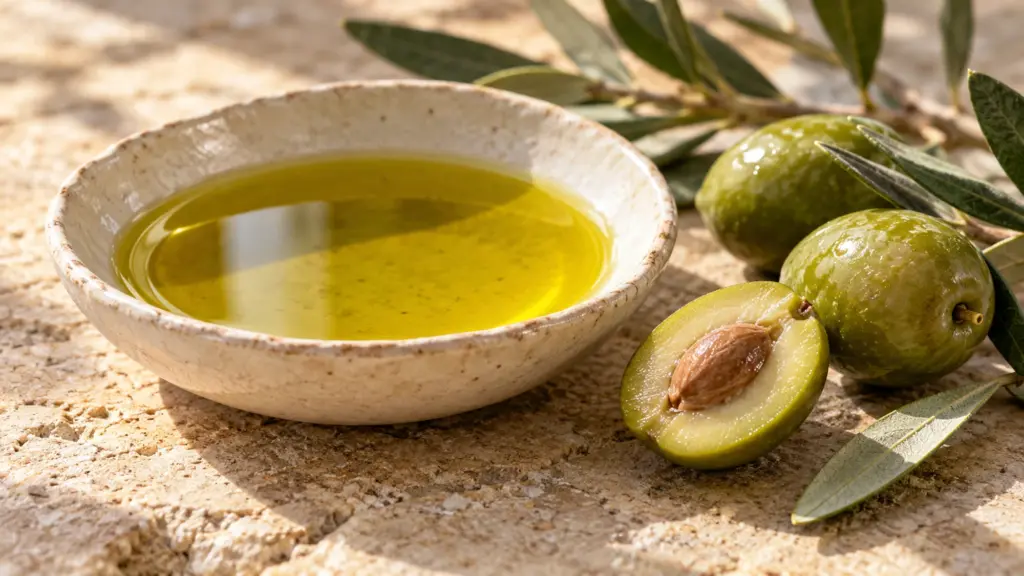 Olive oil with whole and cut olives showing the fruit and pit