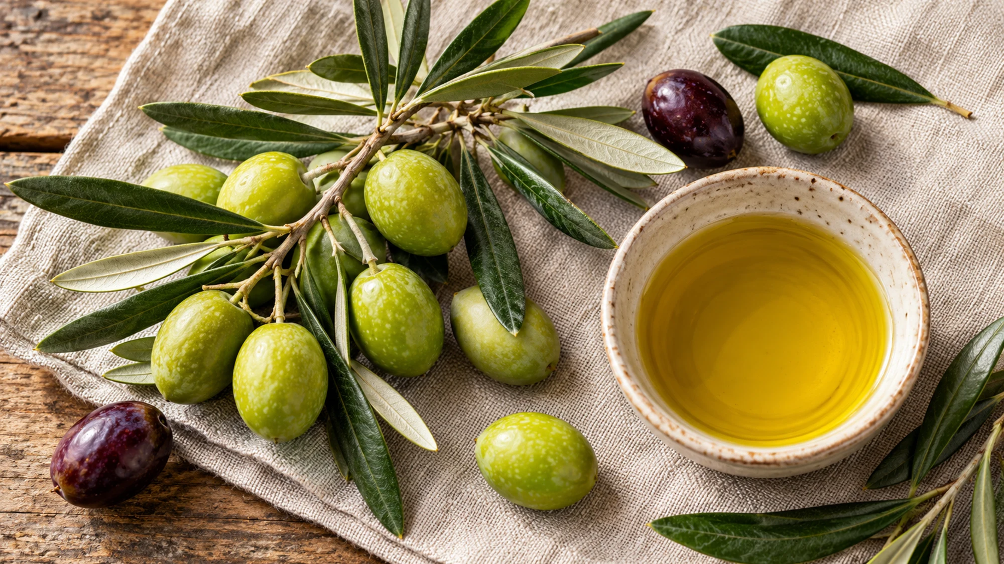 Olives on a branch beside a bowl of olive oil