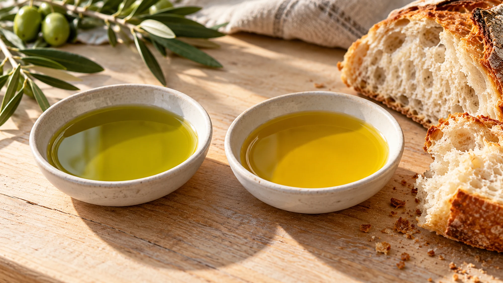 Two dishes of olive oil with bread for tasting
