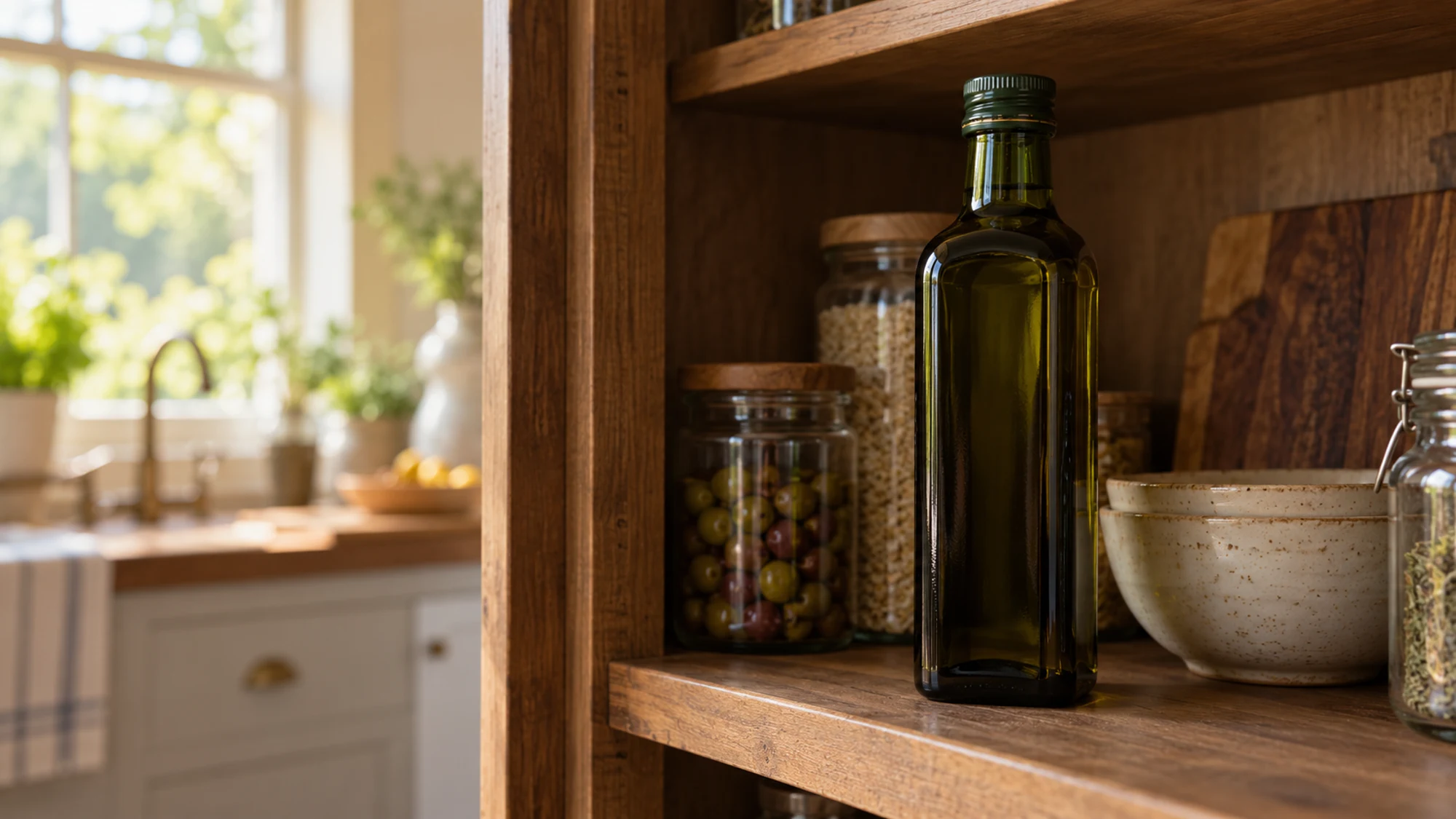 Dark glass olive oil bottle stored in a shaded cabinet