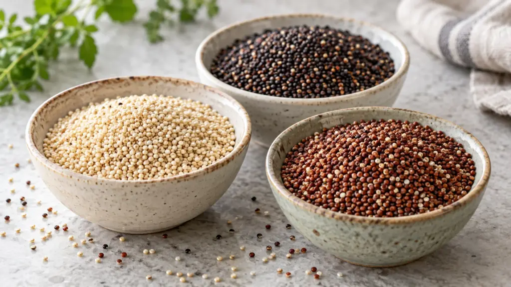 Separate bowls of uncooked white, red and black quinoa