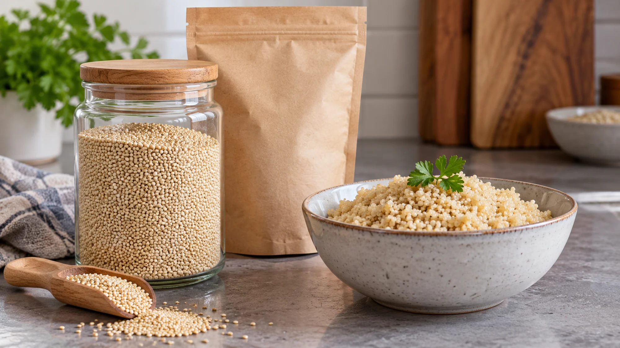 Dry quinoa in a clear jar beside a plain package and a bowl of cooked quinoa