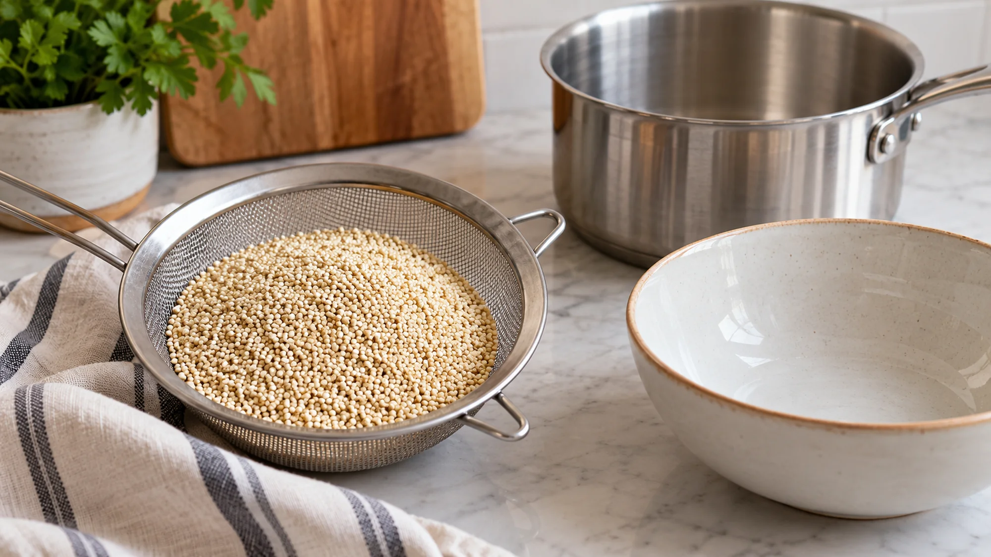 Quinoa in a fine mesh sieve beside clean cooking equipment