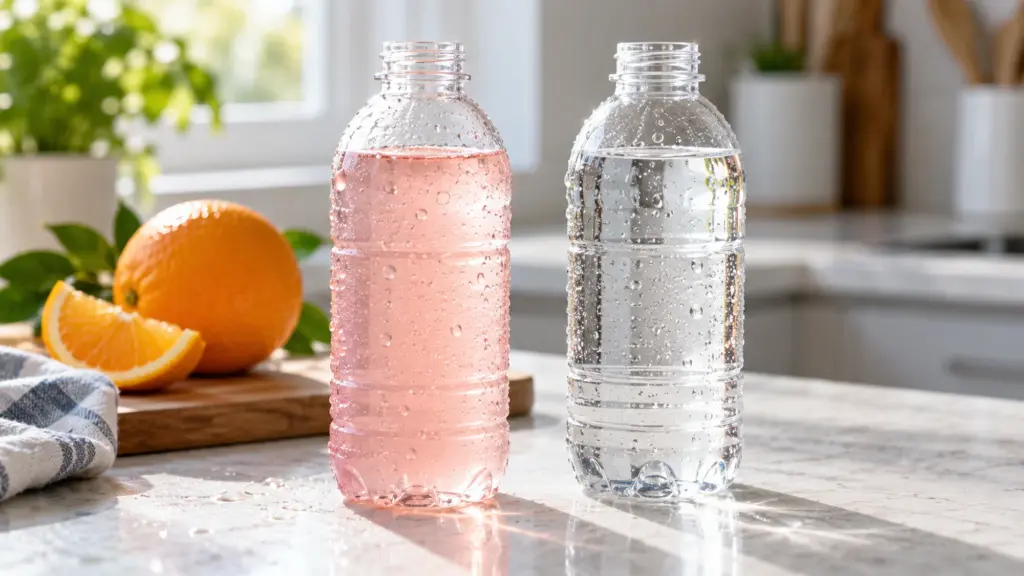Plain bottles of pink flavored water and clear water on a kitchen counter