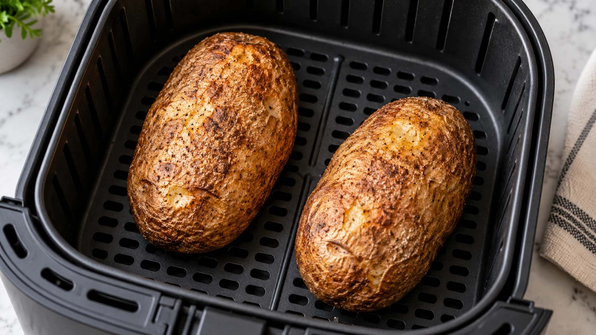 Jacket potato in air fryer basket with two crisp-skinned russet potatoes