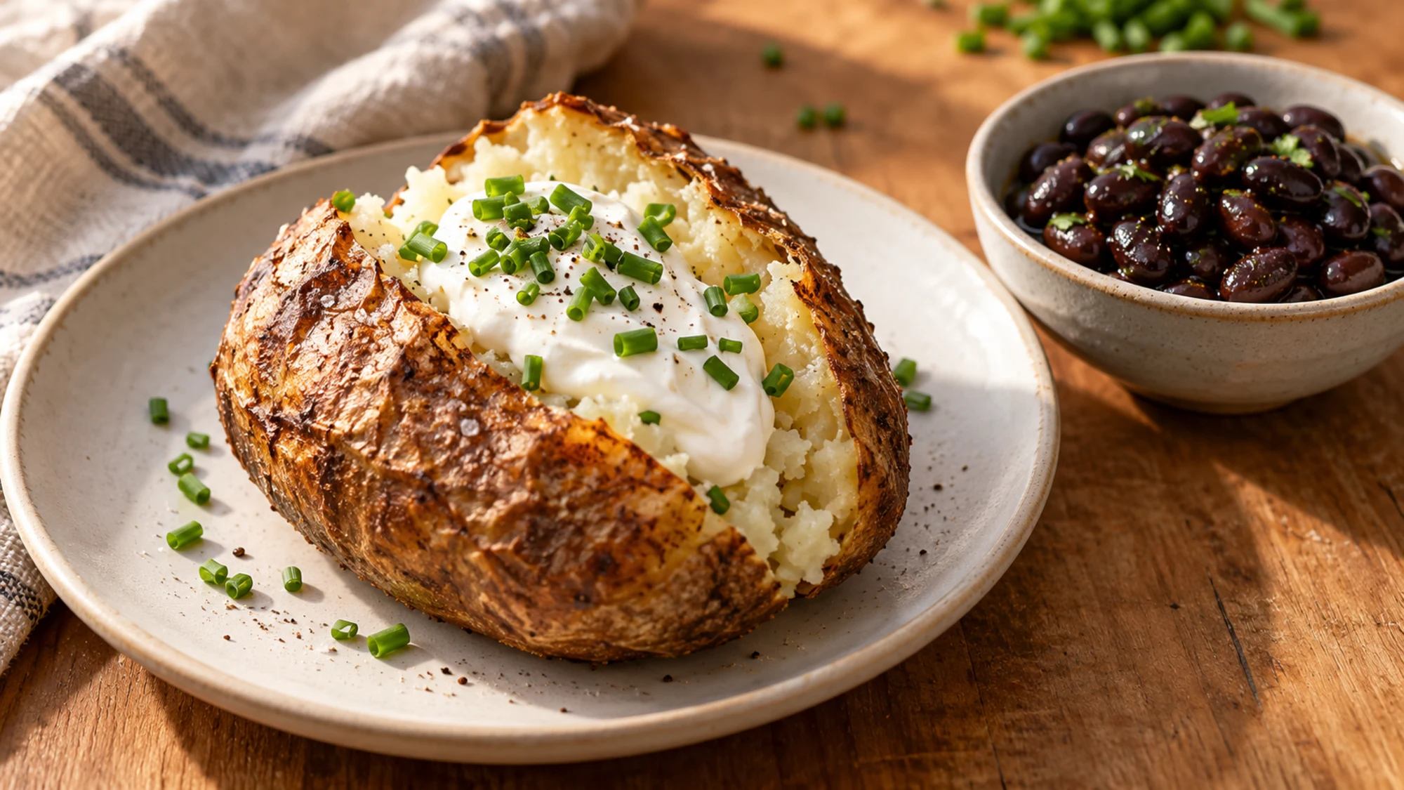 Jacket potato in air fryer served with yogurt, chives and black beans