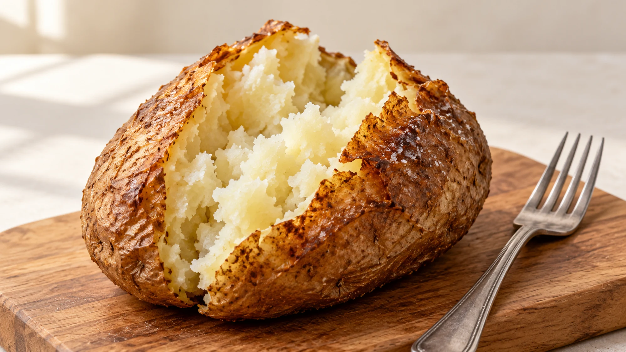 Jacket potato in air fryer split open to show its fluffy center