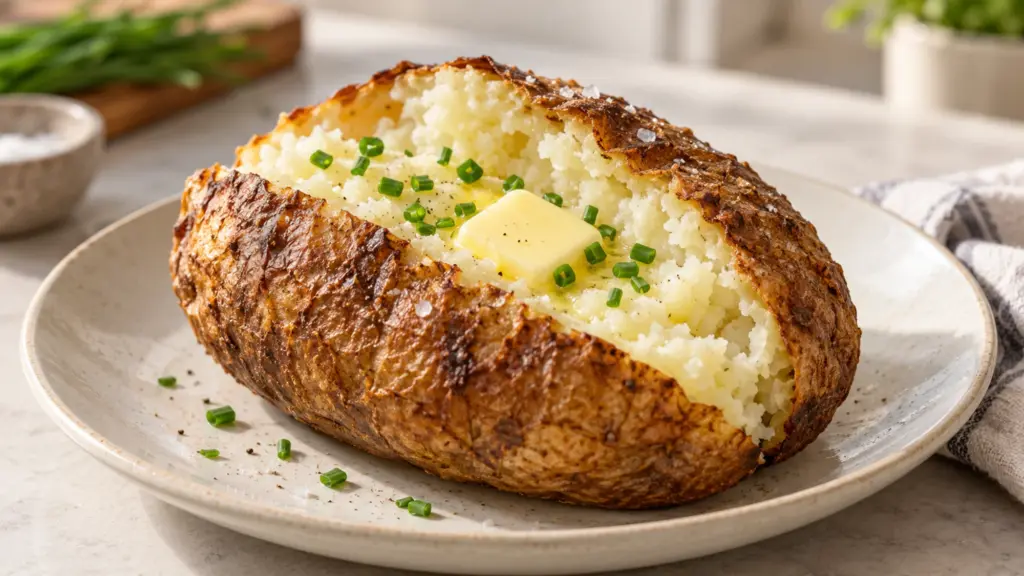 Jacket potato in air fryer with crisp skin, fluffy center, butter and chives