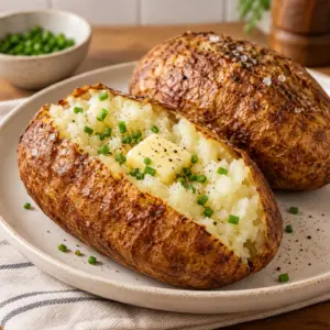 Jacket potato in air fryer with butter and chives beside a whole baked potato