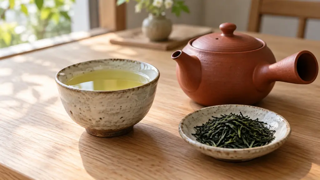 Japanese green tea with sencha leaves and a kyusu teapot
