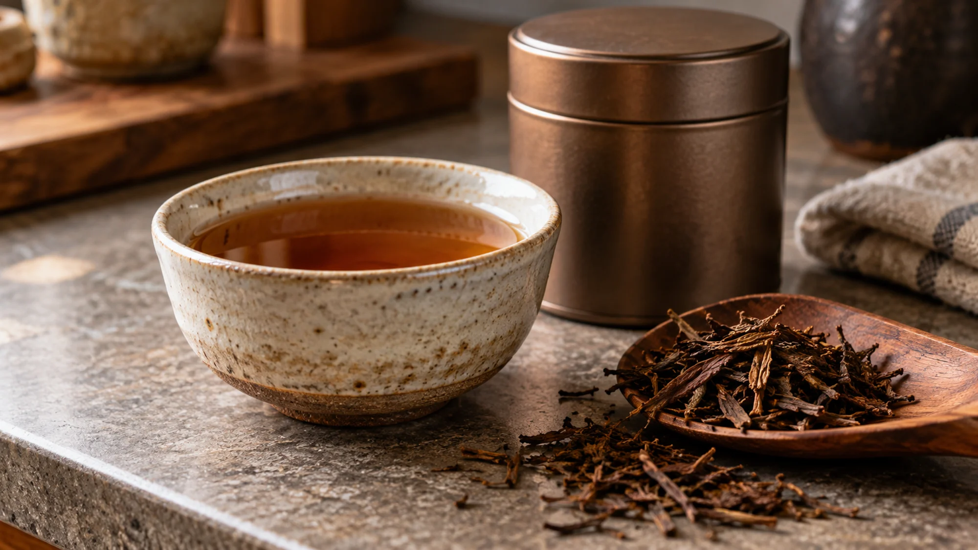 Amber hojicha beside roasted tea leaves and a closed tea tin