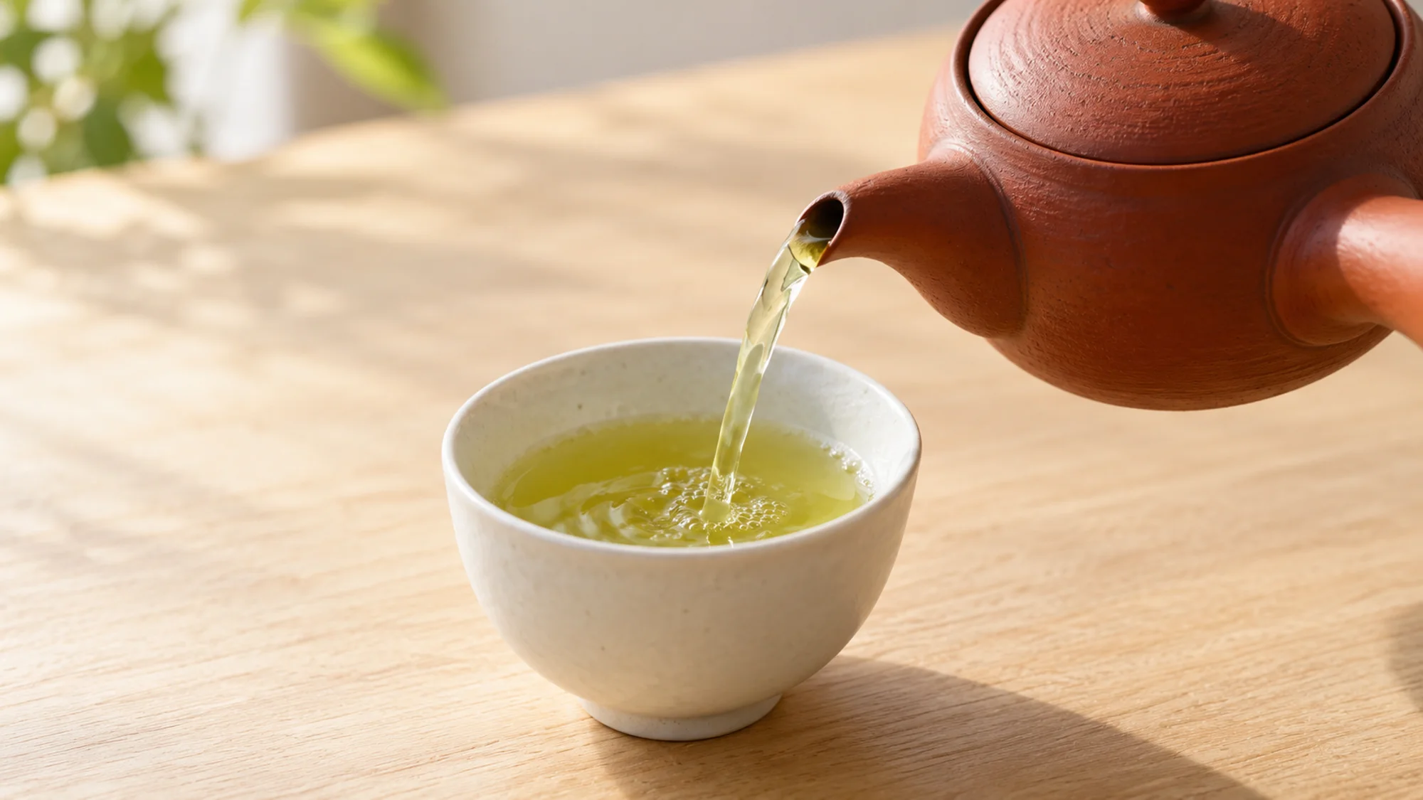Pale green sencha pouring from a kyusu into a ceramic cup