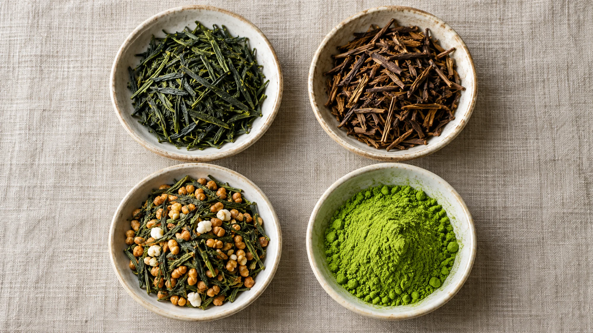 Sencha, hojicha, genmaicha and matcha shown in separate dishes
