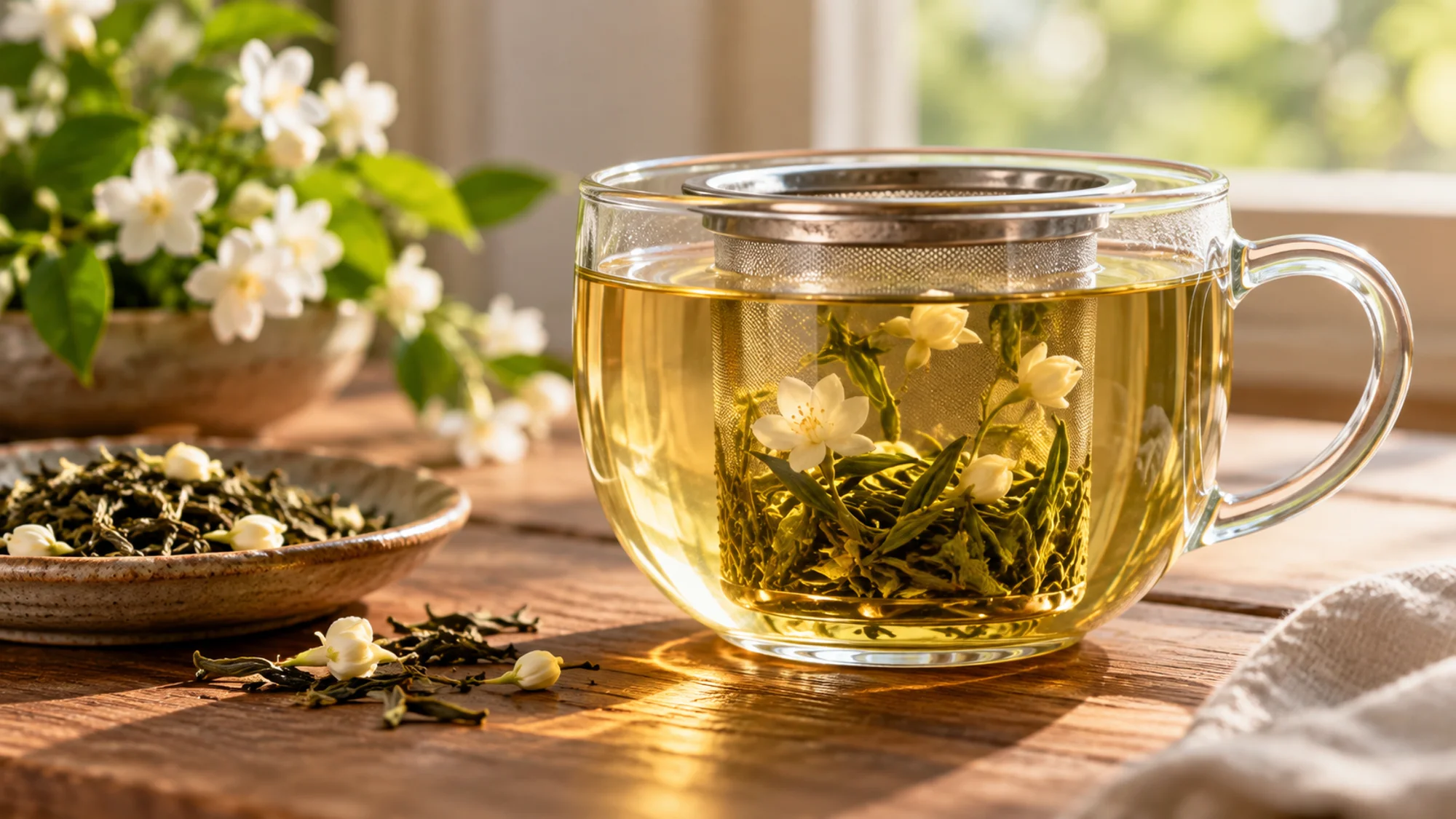 Jasmine tea leaves and blossoms infusing in a glass cup