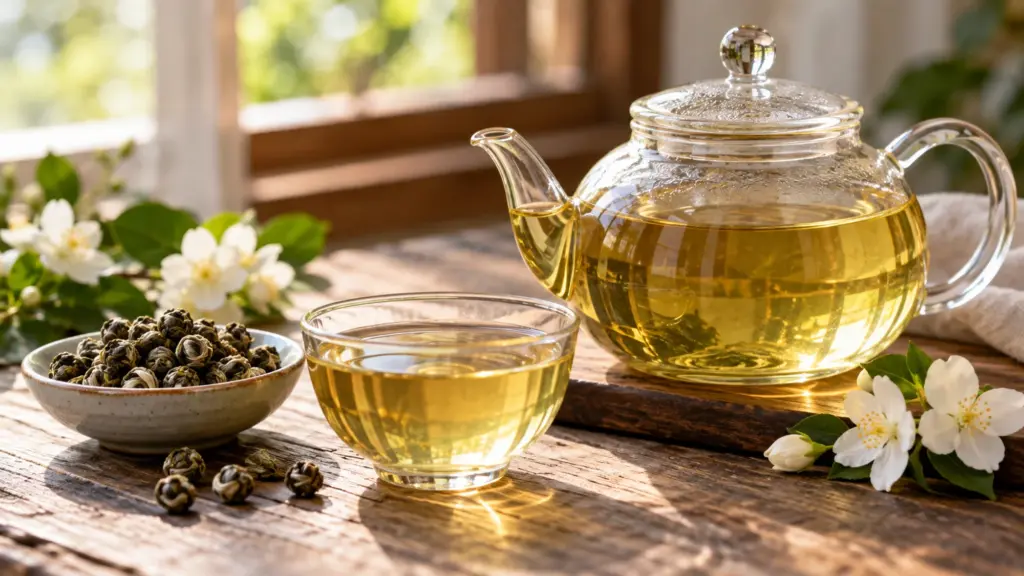 Jasmine tea in a glass teapot and cup beside dry tea pearls