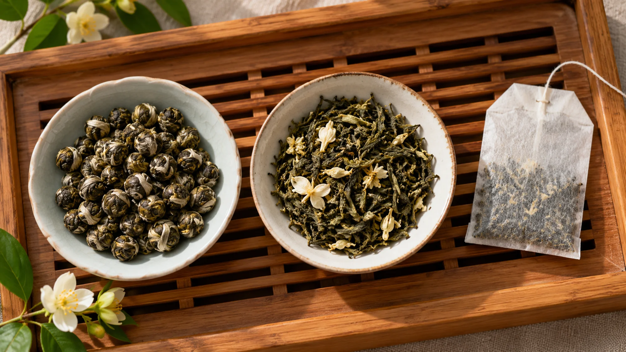 Jasmine tea pearls, loose leaves and a tea bag arranged separately