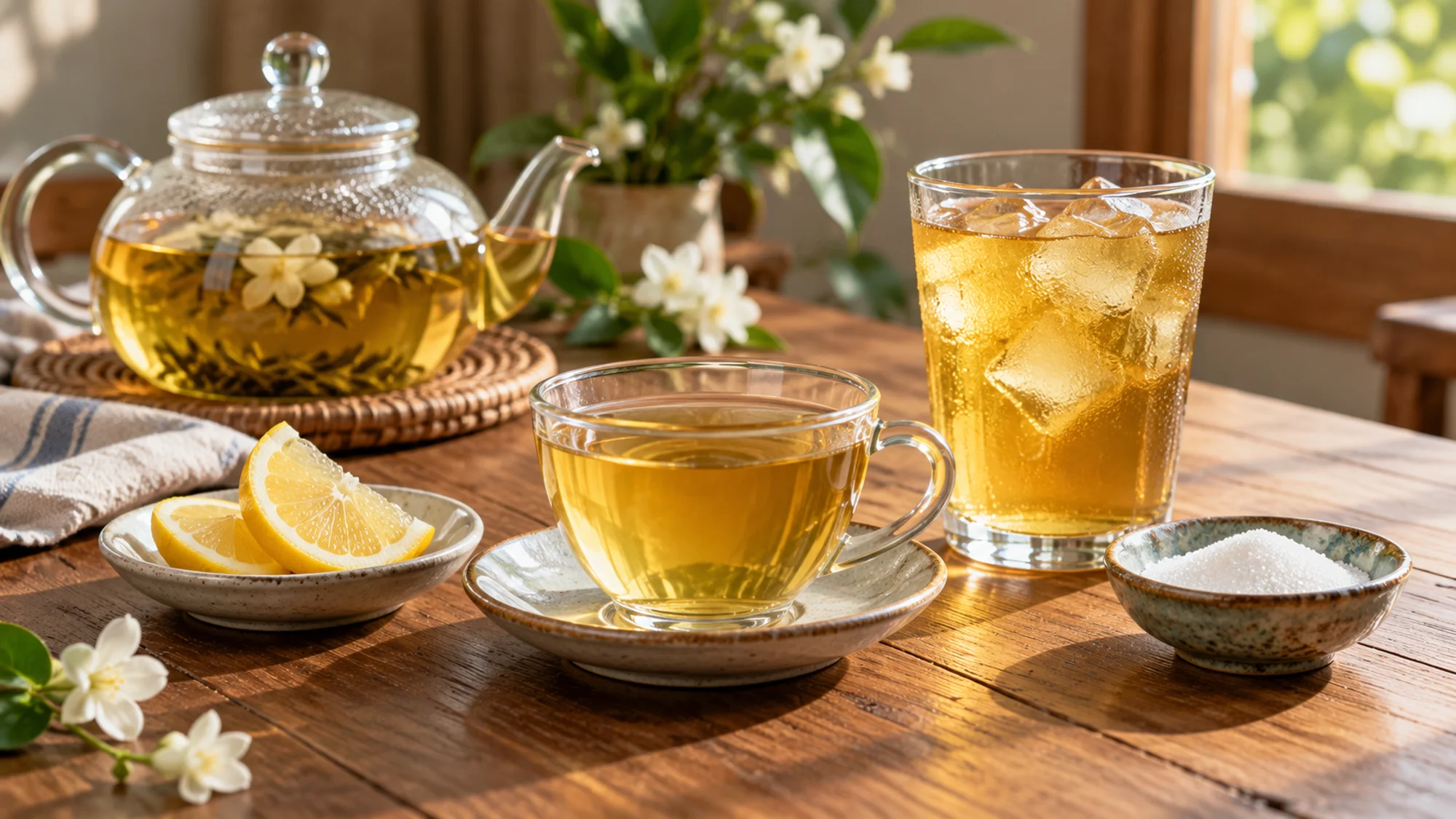 Hot jasmine tea beside iced jasmine tea, lemon and sugar