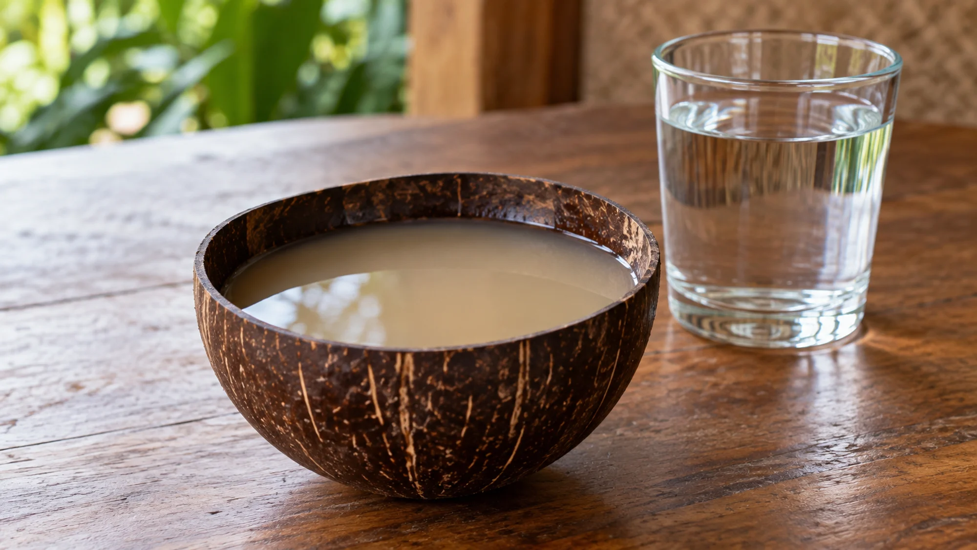 Cloudy beige kava drink in a coconut cup with a glass of water