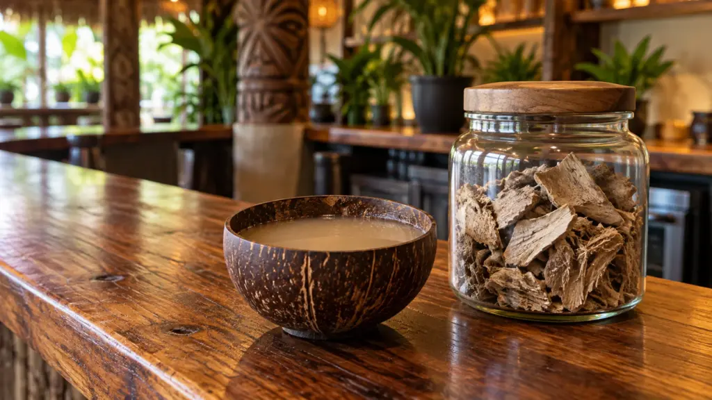 Illustrative unbranded kava bar with a coconut cup and a jar of dried roots