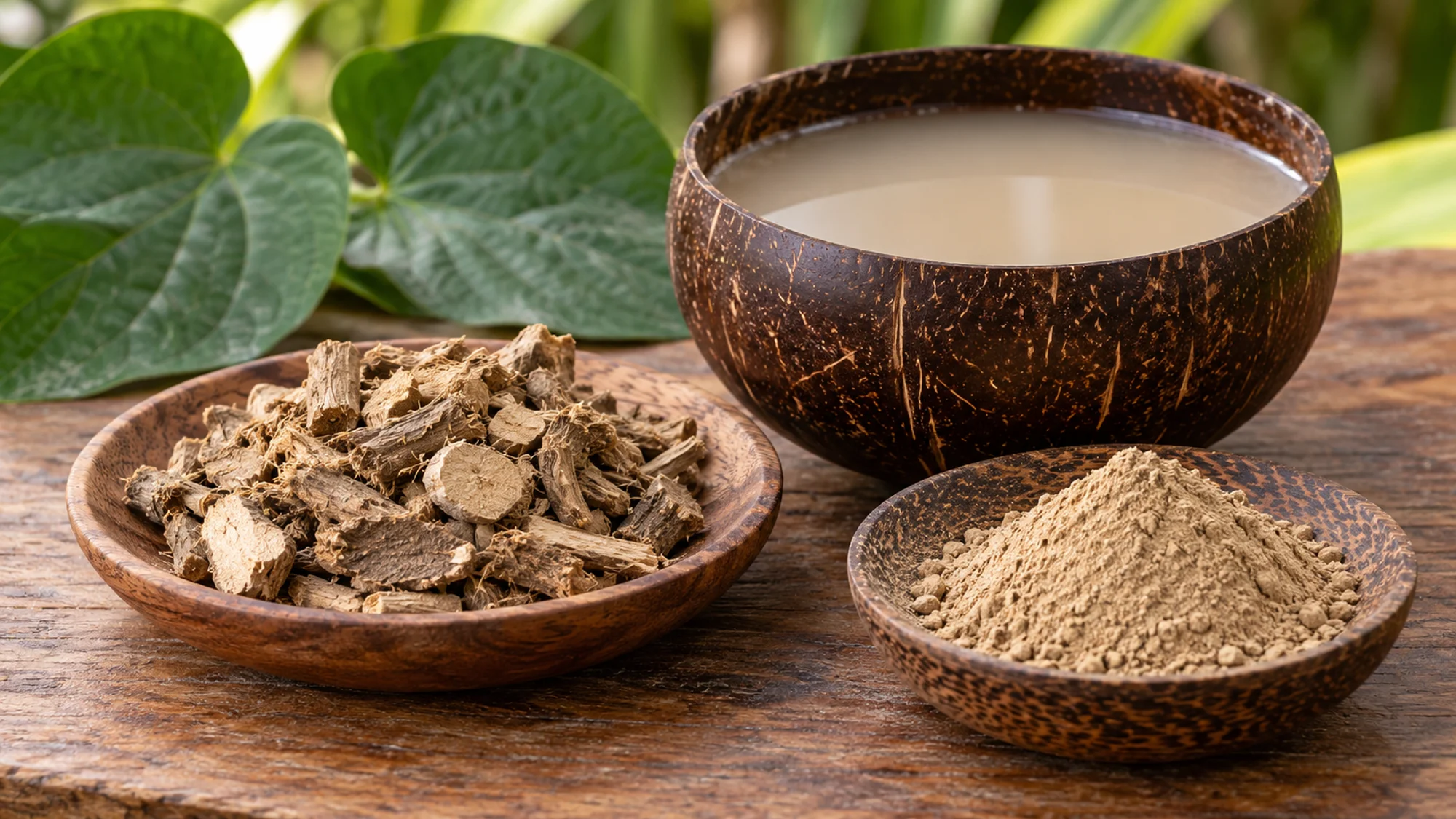 Dried kava root pieces and powder beside a cloudy prepared drink