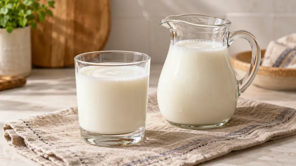Plain milk kefir in a glass beside a small pitcher