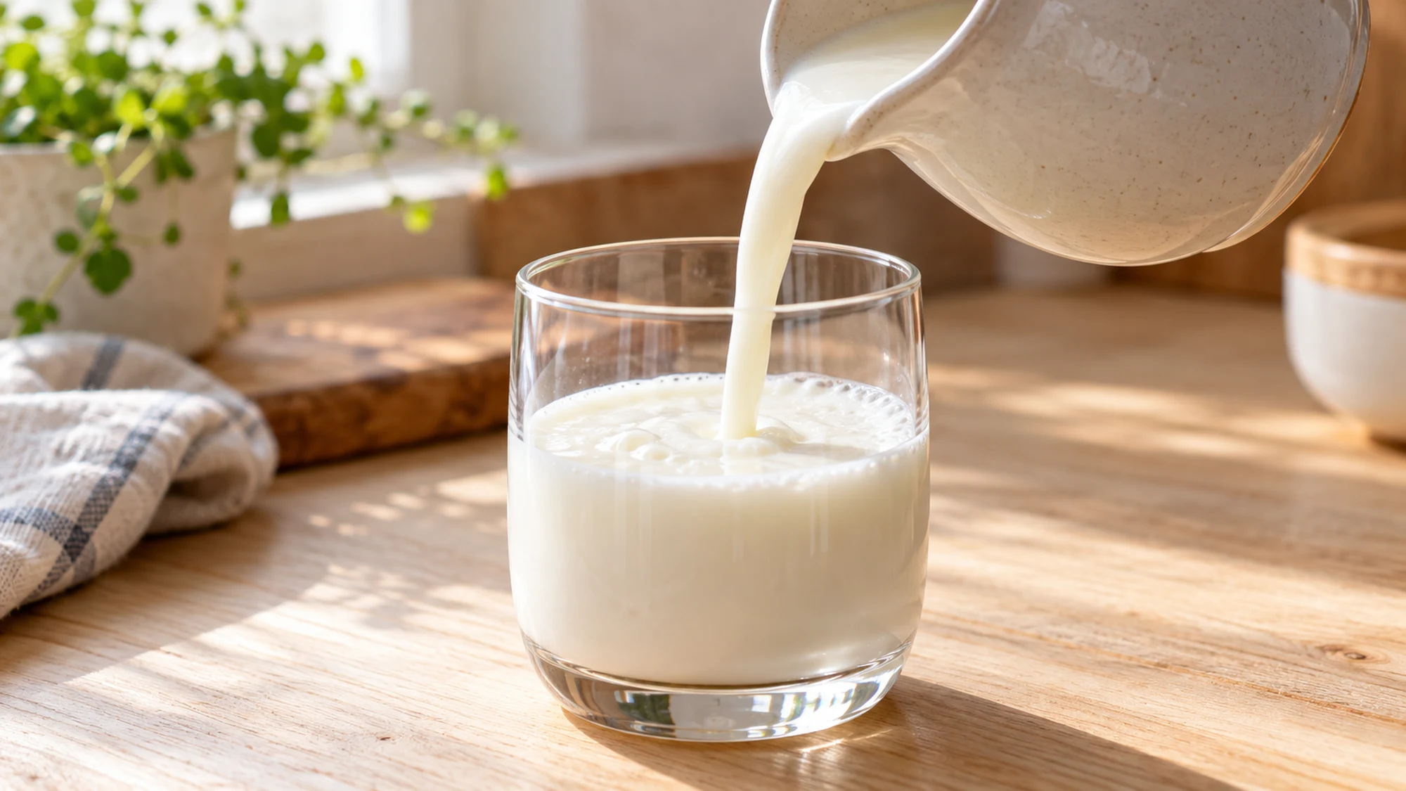 Plain kefir poured from a ceramic pitcher into a drinking glass