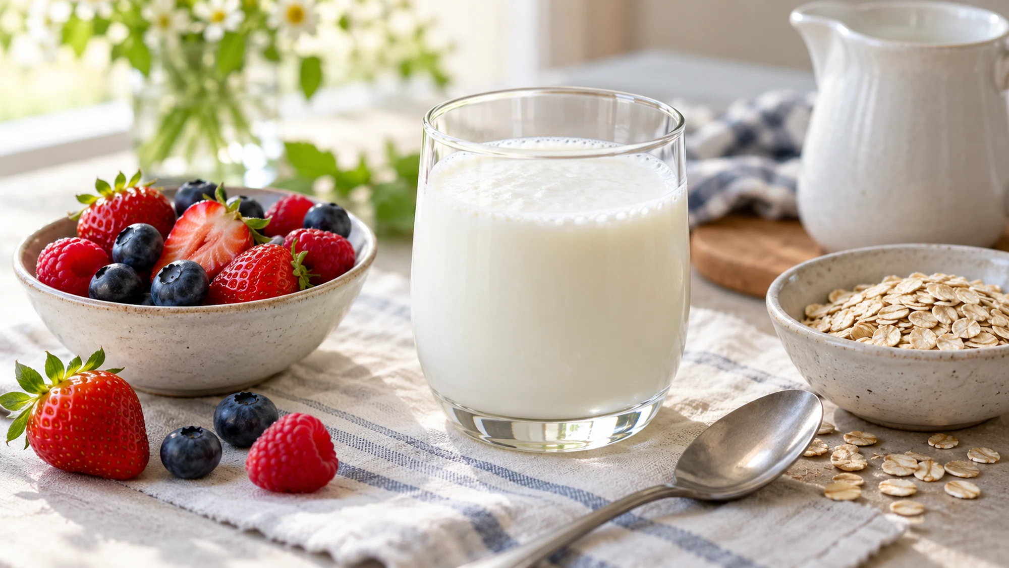 A glass of kefir with fresh berries and rolled oats served separately
