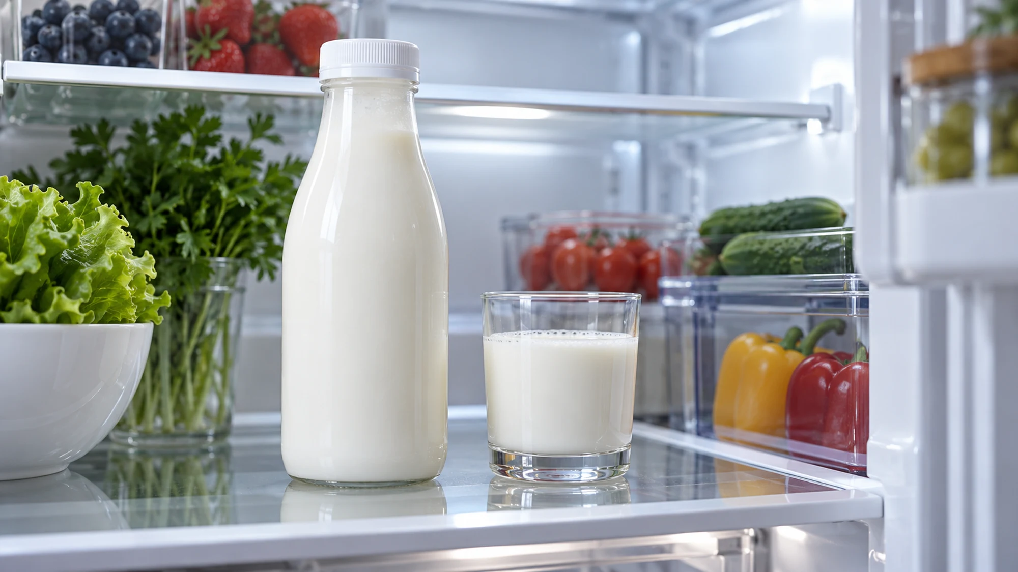 Capped bottle of milk kefir on a clean refrigerator shelf