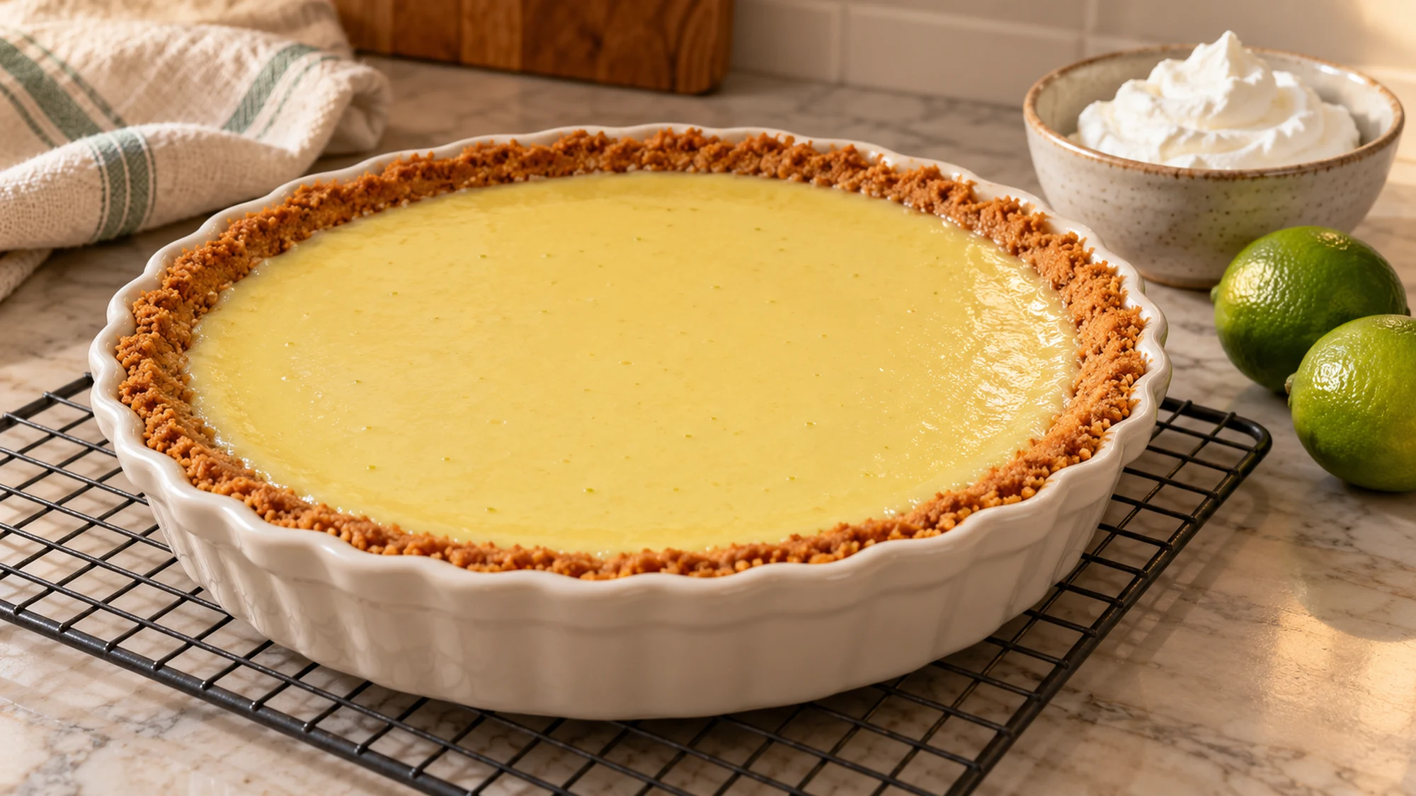 Key lime pie recipe cooling in its dish on a wire rack