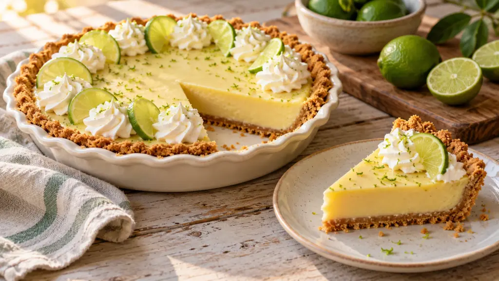 Key lime pie recipe with whipped cream and a slice on a plate