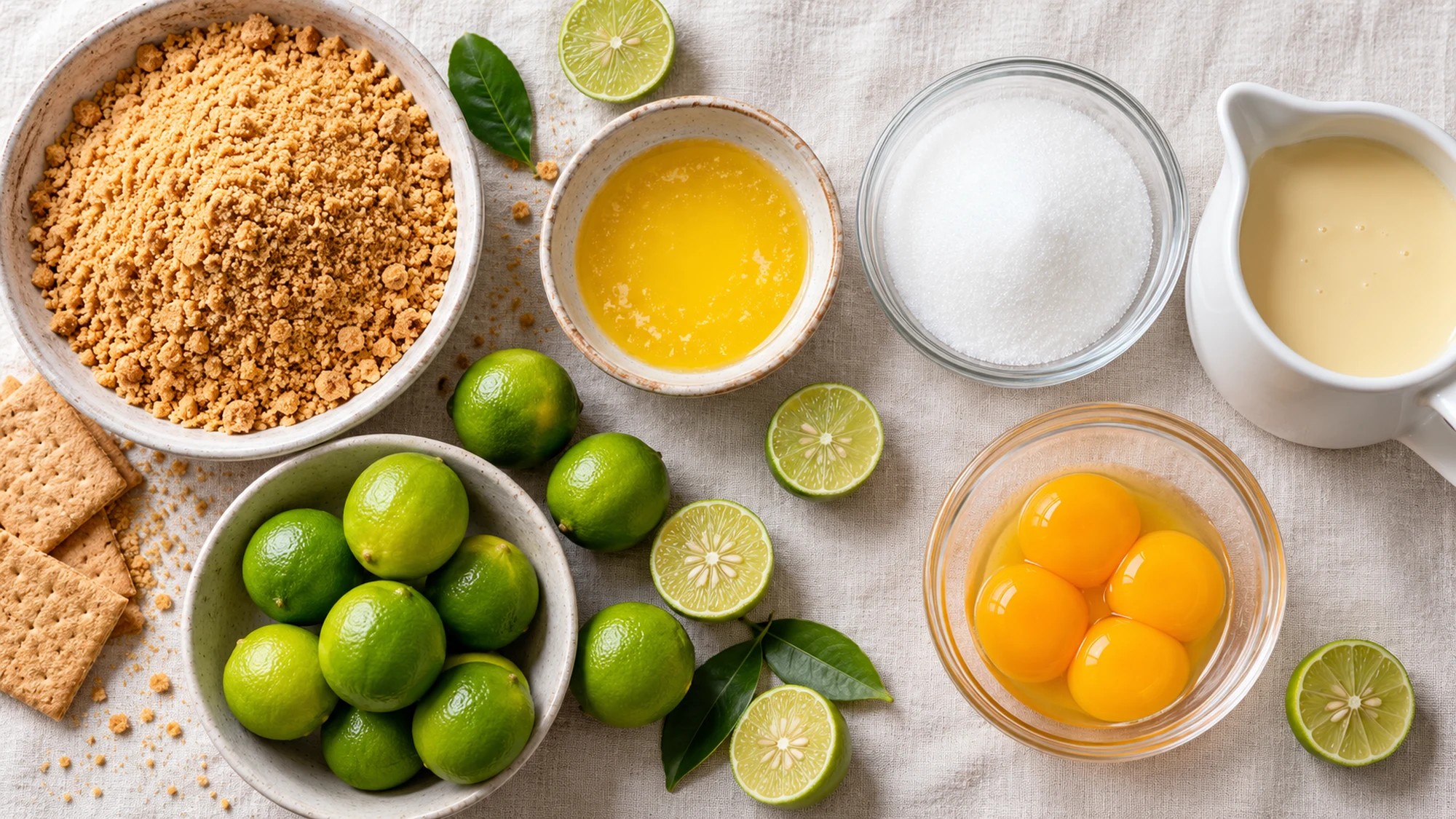 Key lime pie recipe ingredients with lime juice, egg yolks and graham crumbs