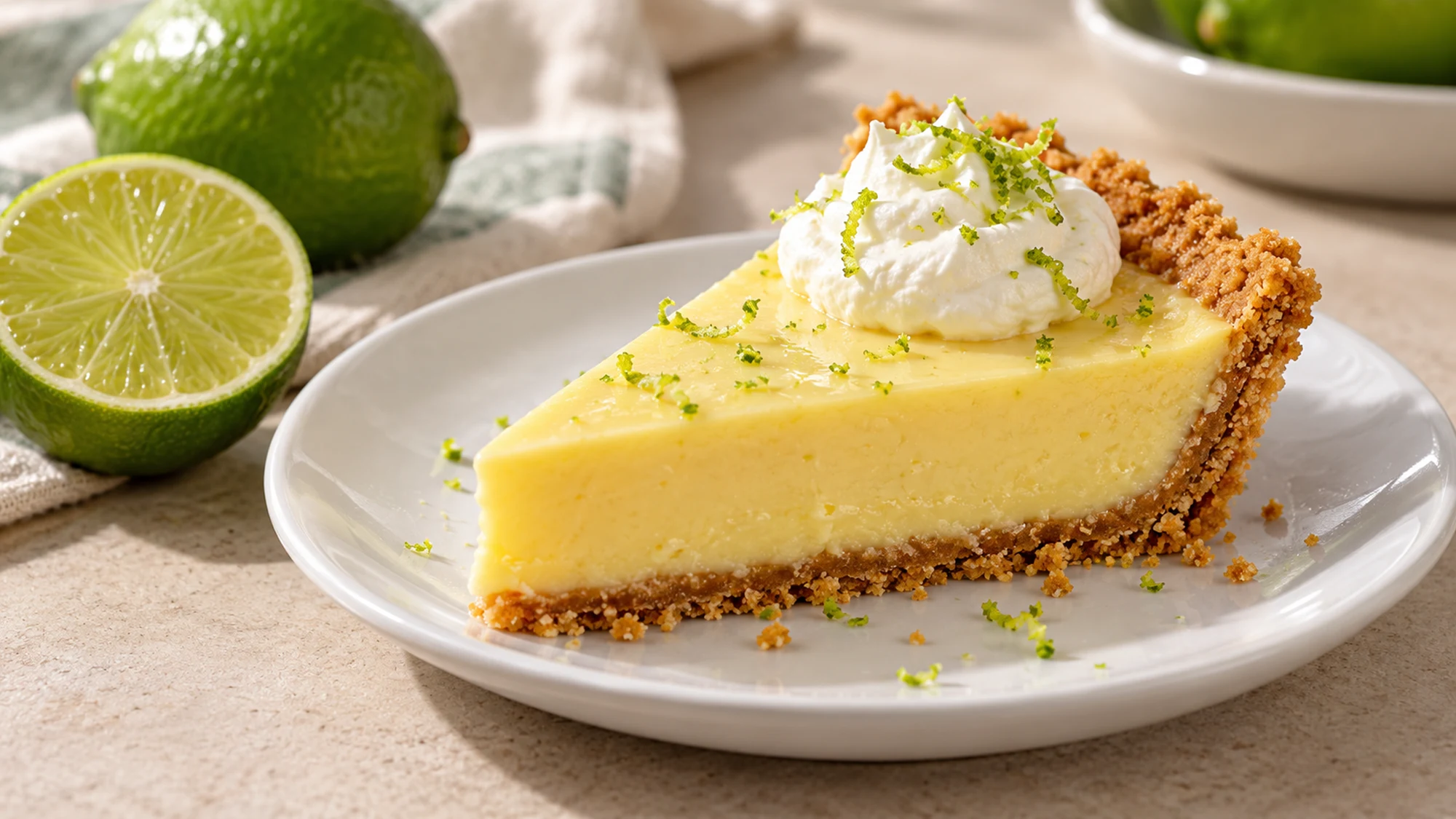 Key lime pie recipe slice showing creamy filling and a graham crust