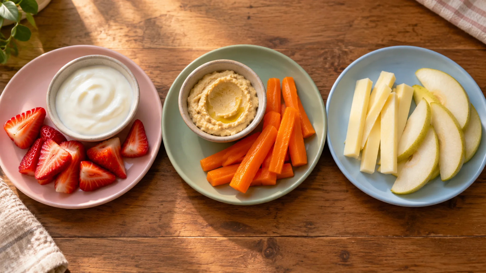 Three snack pairings with yogurt and strawberries, hummus and carrots, and cheese and pear