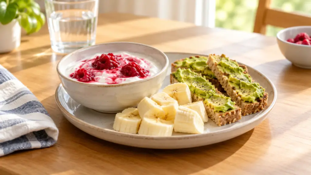 Yogurt with berries, banana pieces, and avocado toast on a snack plate