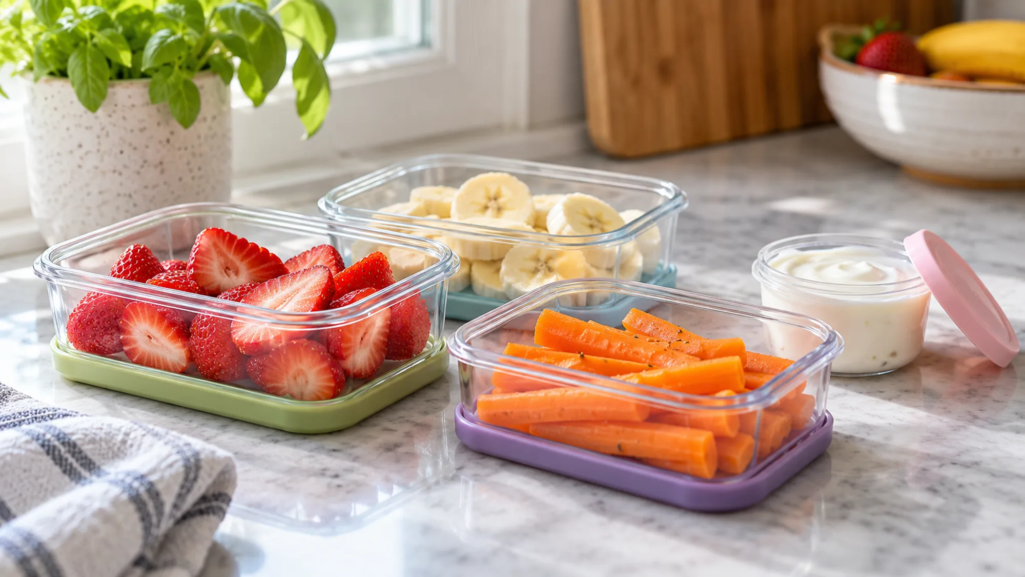 Covered snack containers with fruit, carrot strips, and yogurt